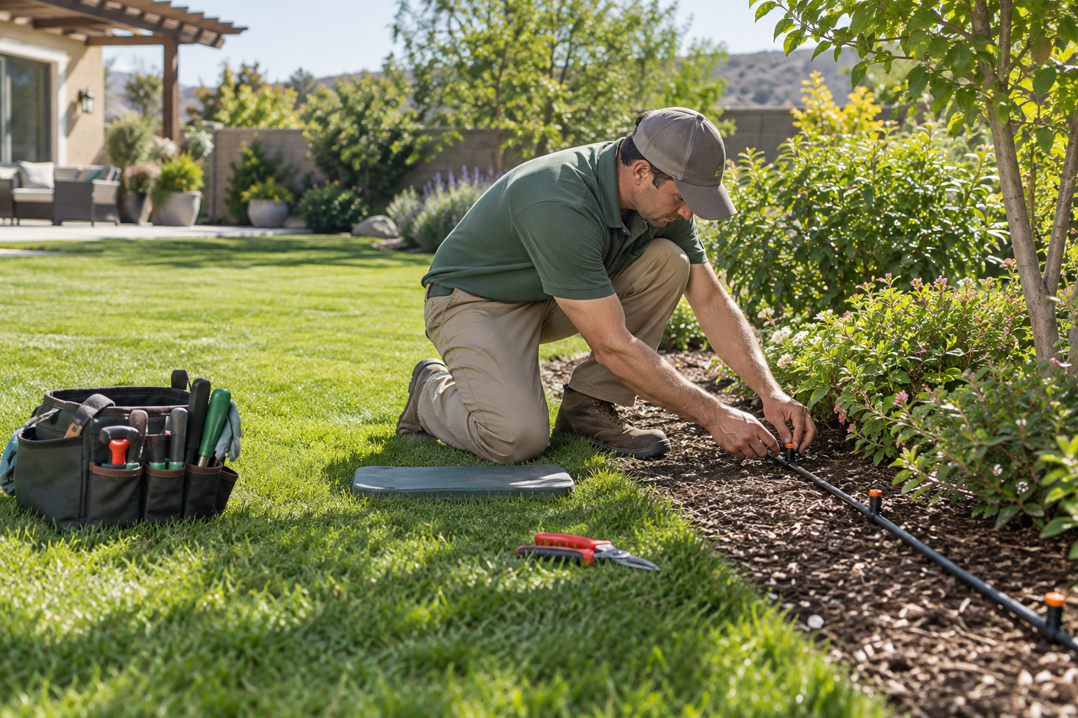 Home maintenance worker adjusting drip irrigation beside a landscaped backyard lawn