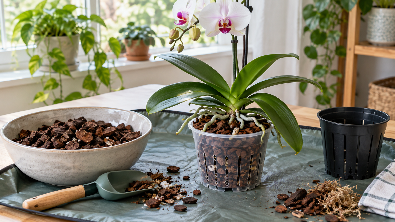 Phalaenopsis orchid being repotted into clean bark mix
