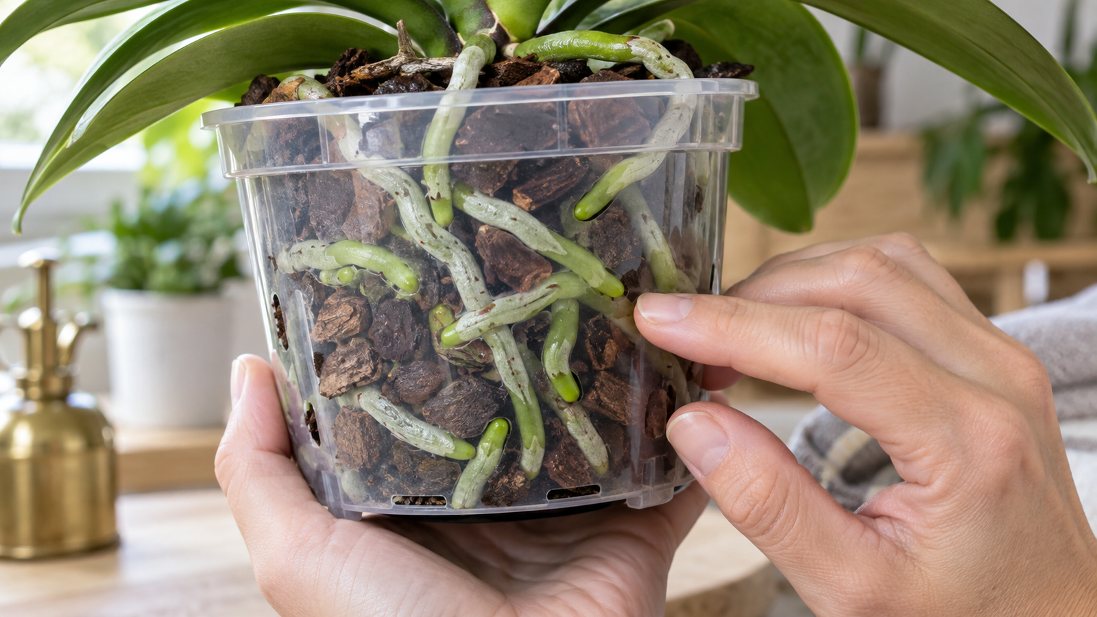 Close-up of healthy orchid roots in a clear pot with bark medium