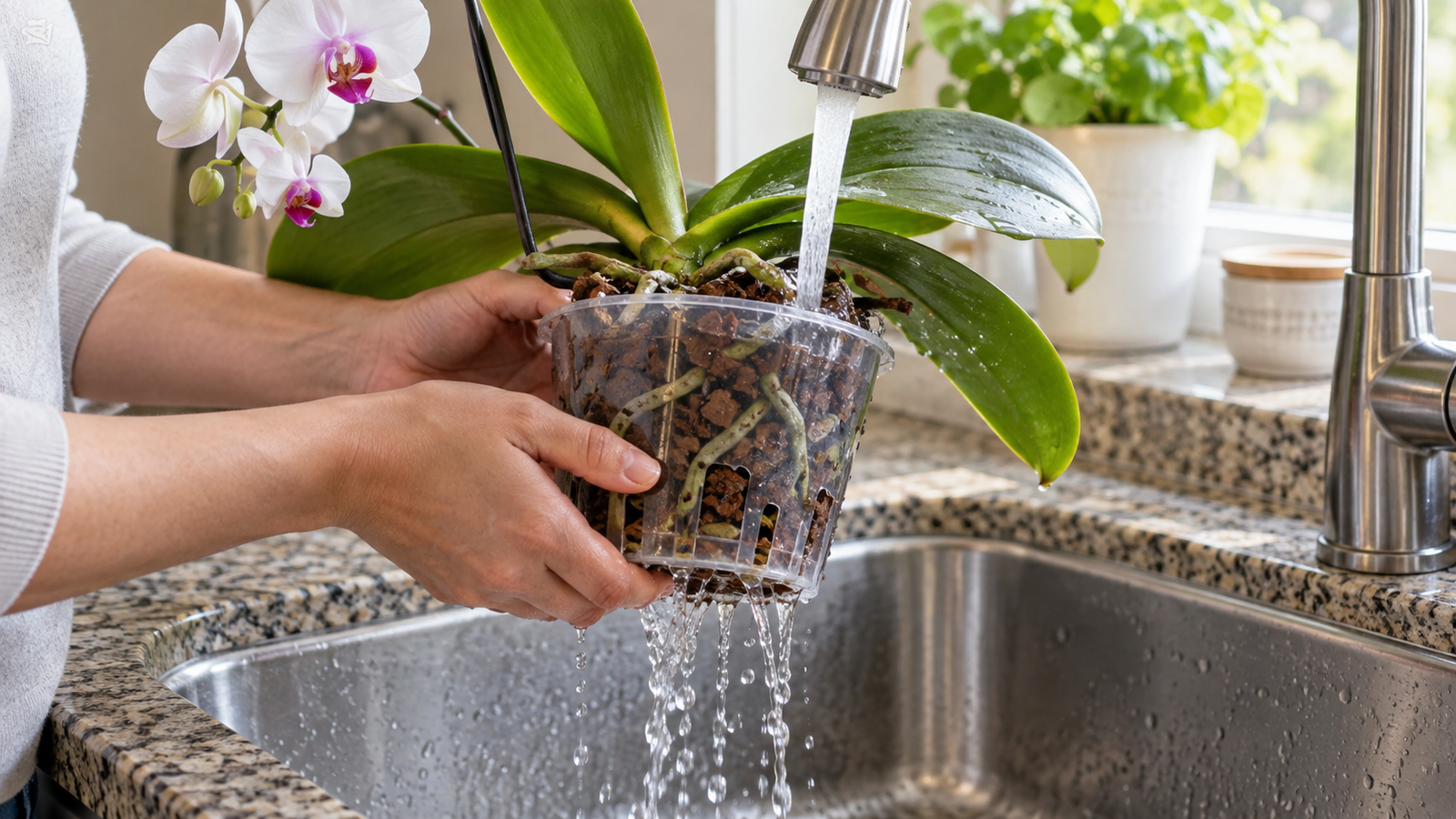Orchid pot being watered at a sink and allowed to drain