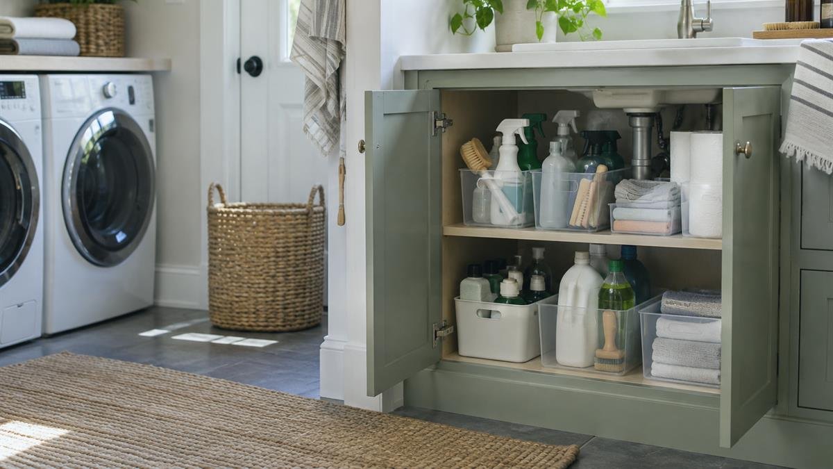 Home and garden details supporting how to organize cleaning supplies safely at home